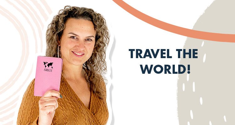 Lady with pink passport case engraved with world map and name