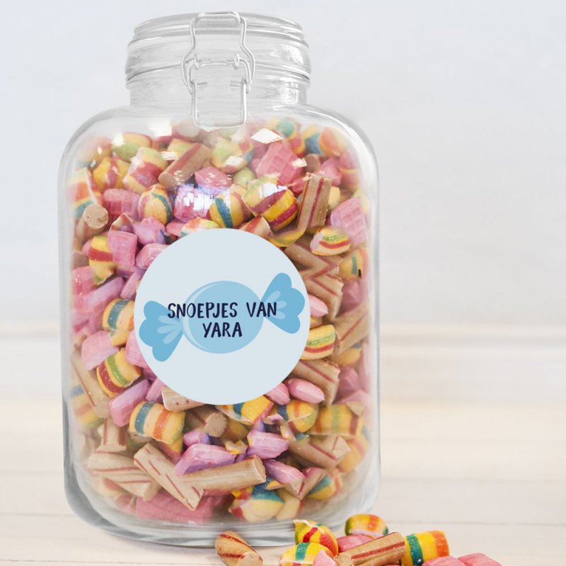 Glass candy jar personalized with sticker with print and name