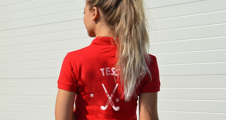 Ladies' red polo shirt short sleeve printed with hockey print and name