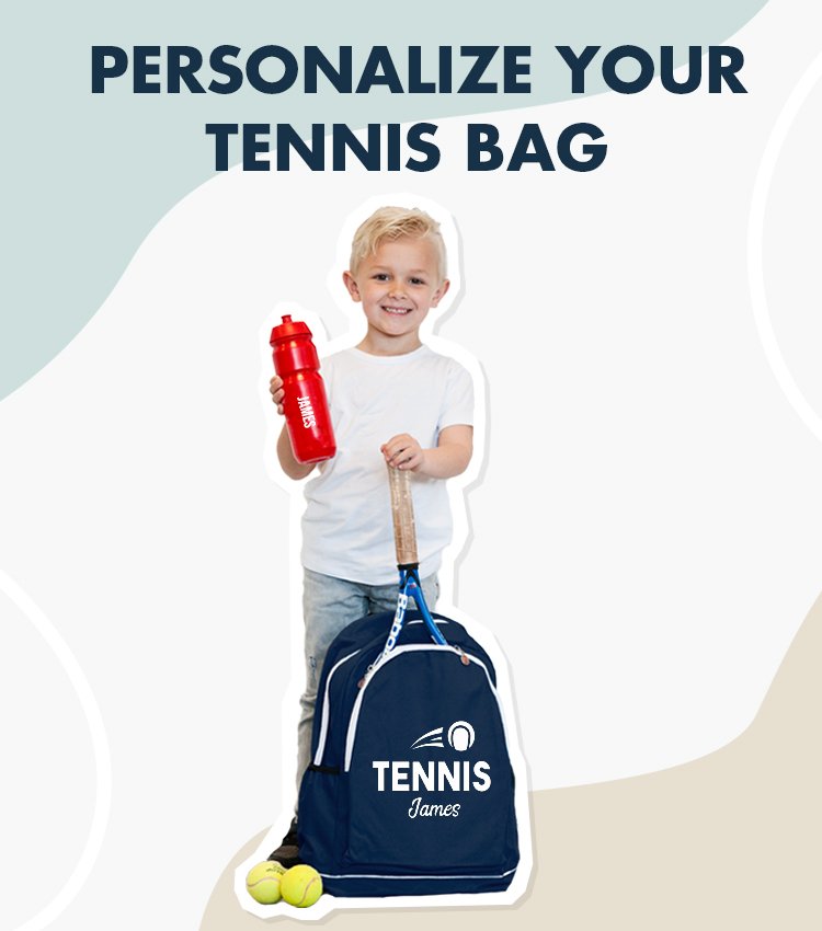 Boy with navy tennis bag printed with name and print