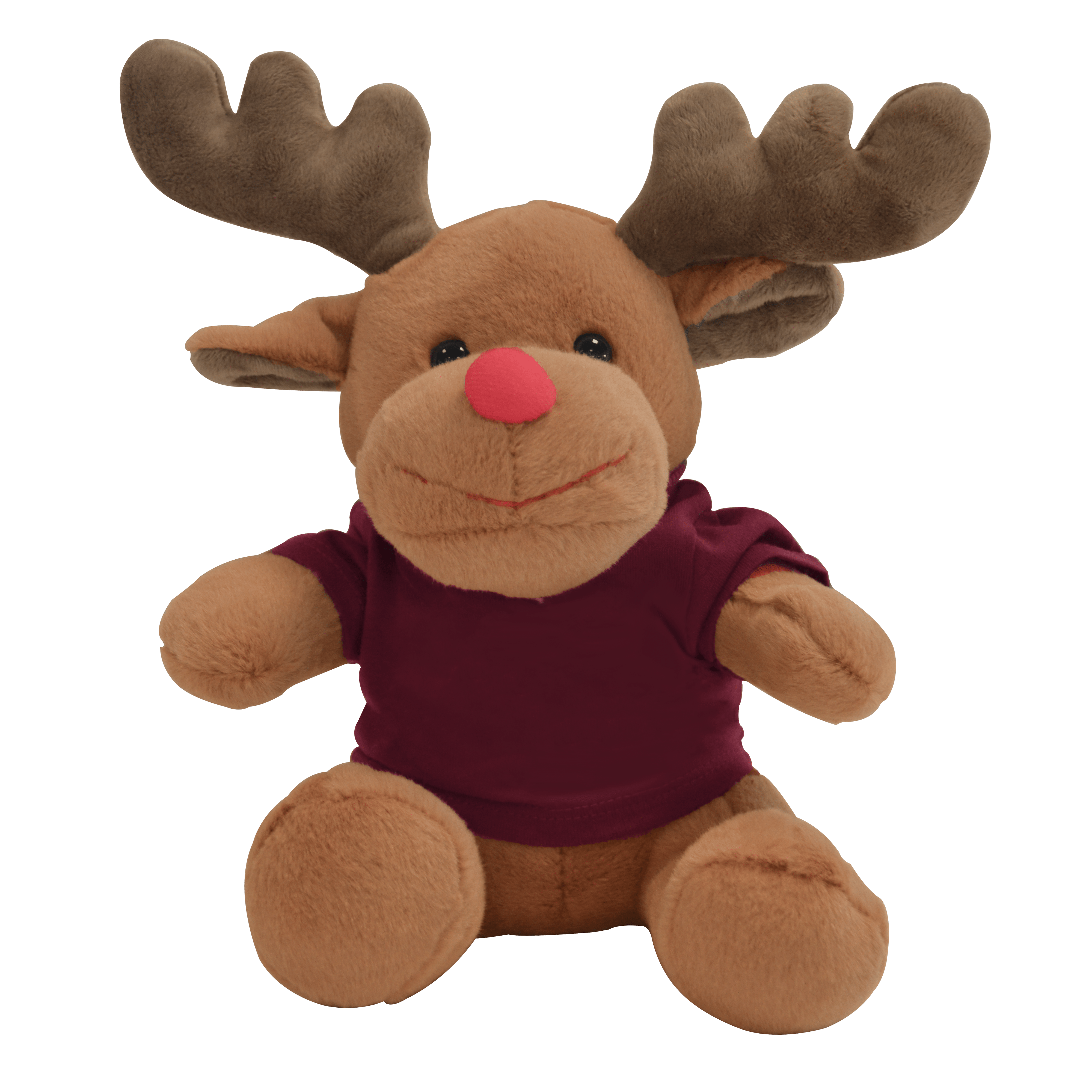 Stuffed animal reindeer with a bordeaux red tshirt